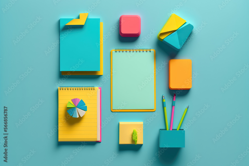 Colorful collection of highlighters, postit notes, and a notebook on a