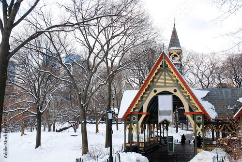 The Dairy in Central Park, New York City, sits in a winter wonderland surrounded by snow