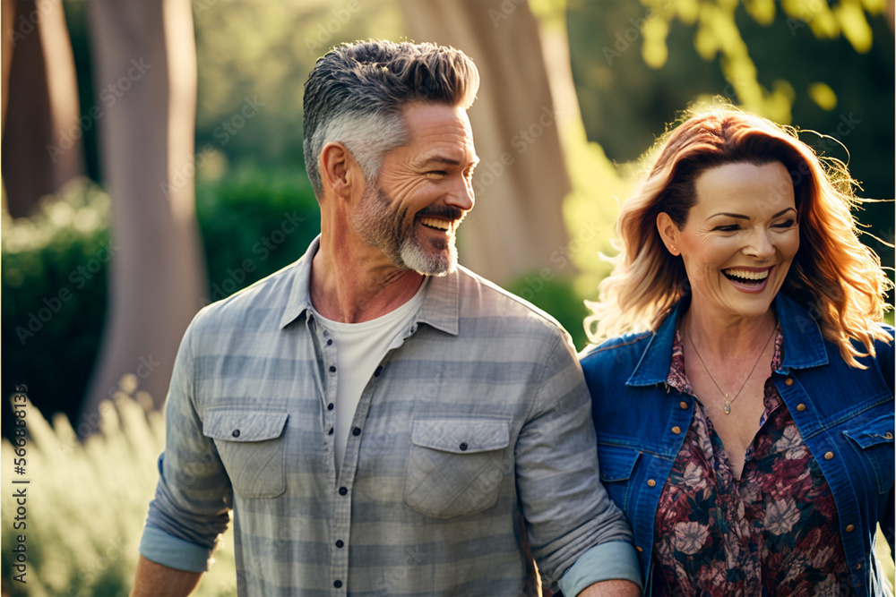 Fototapeta premium Beautiful happy middle aged love couple outside in a park (AI Generated)