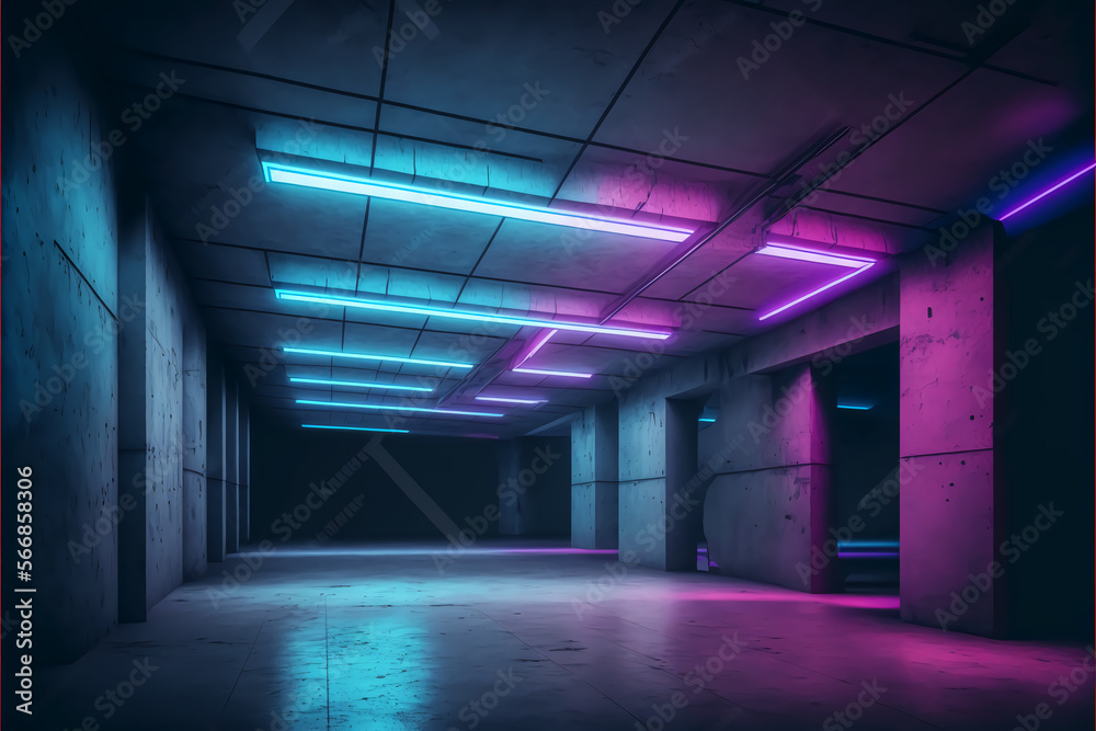 Cyber Retro Sci Fi Futuristic Neon Glowing Purple Blue Glowing Ceiling Lights Barn Warehouse Metal Cement Night Studio Hangar, Generative Ai