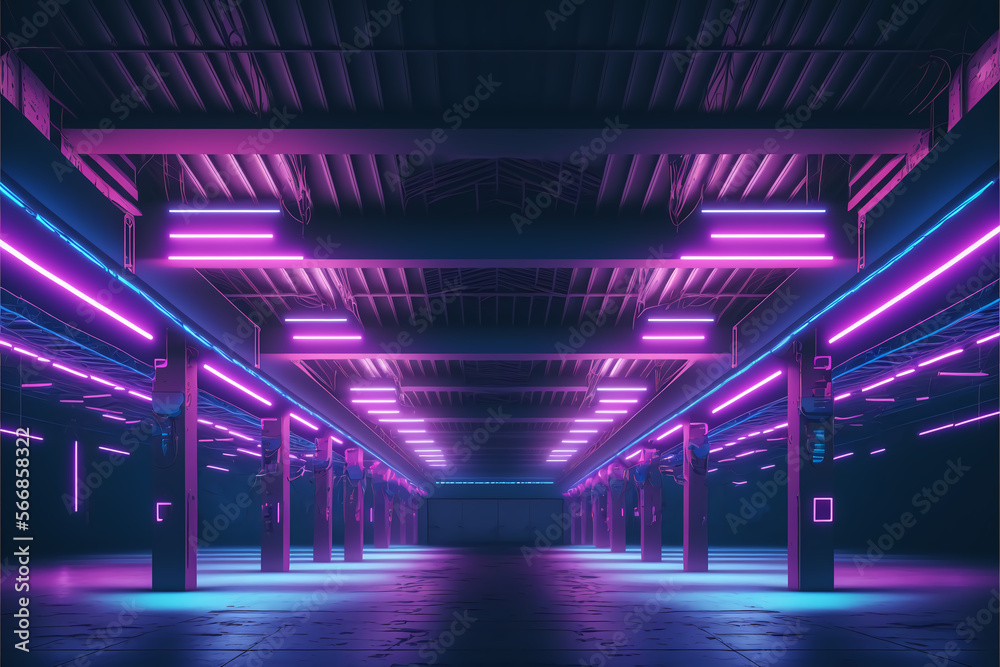 Cyber Retro Sci Fi Futuristic Neon Glowing Purple Blue Glowing Ceiling Lights Barn Warehouse Metal Cement Night Studio Hangar, Generative Ai