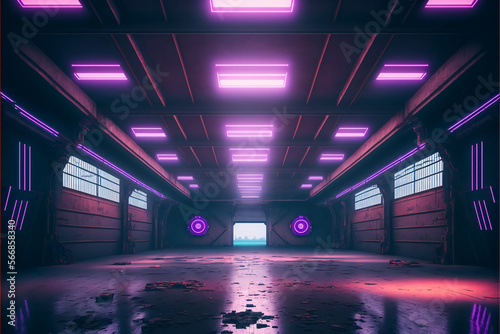 Cyber Retro Sci Fi Futuristic Neon Glowing Purple Blue Glowing Ceiling Lights Barn Warehouse Metal Cement Night Studio Hangar  Generative Ai