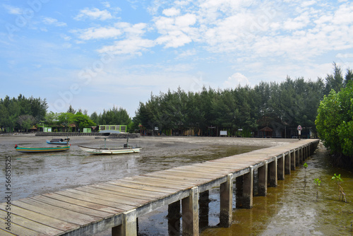 Perspective view of wooden pier on the beach. Little bridge over the water