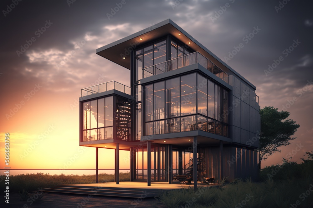 Modern house with panoramic windows in the beach, AI Generative