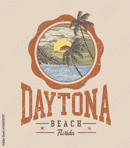 Varsity style print design featuring a beach scene illustration of Daytona Beach, Florida