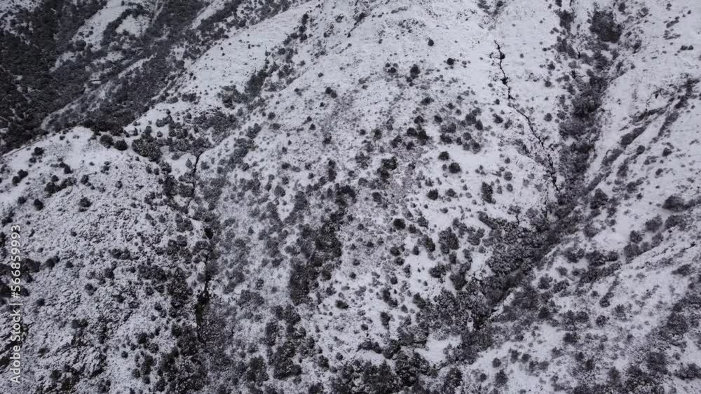 Top down overhead aerial shot of snowy mountain with trees and dark streams
