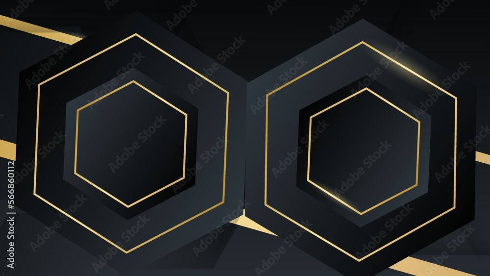 Hexagonal abstract metal background with golden light lines. Dark 3d geometric texture illustration. Pure black horizontal banner wallpaper. Hexagonal abstract metal background with golden light lines. Dark 3d geometric texture illustration. Pure black horizontal banner wallpaper.