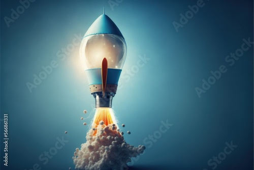 Lightbulb shaped rocket in launch, blue background success ideas concept, startup concept, 3D illustration, Generative AI