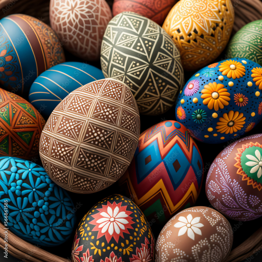 colorful easter eggs arranged in a basket with different patterns and decorations Generative Ai colorful easter eggs arranged in a basket with different patterns and decorations Generative Ai