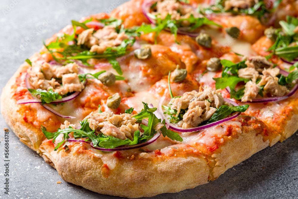 Roman pizza with tuna on Roman dough, pinsa macro close up Roman pizza with tuna on Roman dough, pinsa macro close up