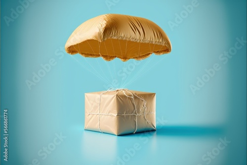 Parcel with parachute. Package with order. blue background. Digital illustration, Generative AI