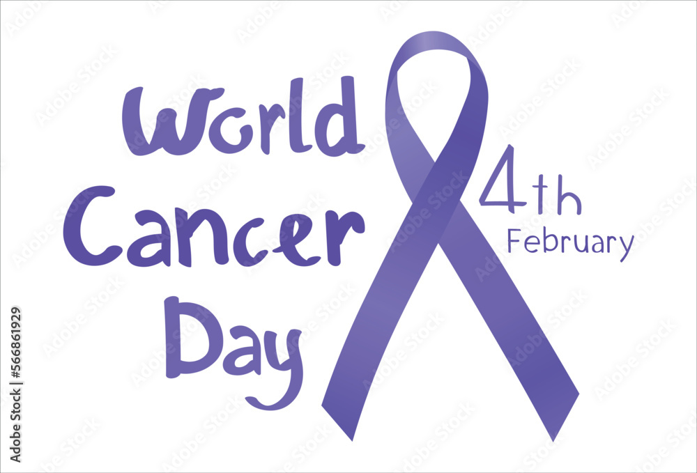 Text WORLD CANCER DAY and awareness ribbon on white background