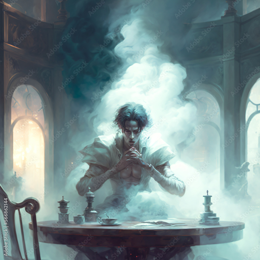 Fototapeta premium illustration of a young wizard with smoke all around sitting on a table doing magic Generative Ai