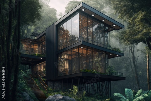 Modern house with panoramic windows in the Jungle  AI Generative