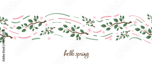 Beautiful tree branches with text HELLO SPRING on white background