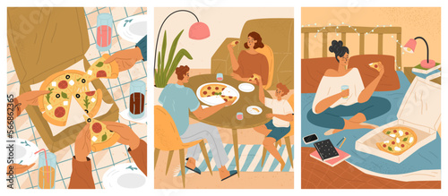 People eating pizza vector scene isolated set