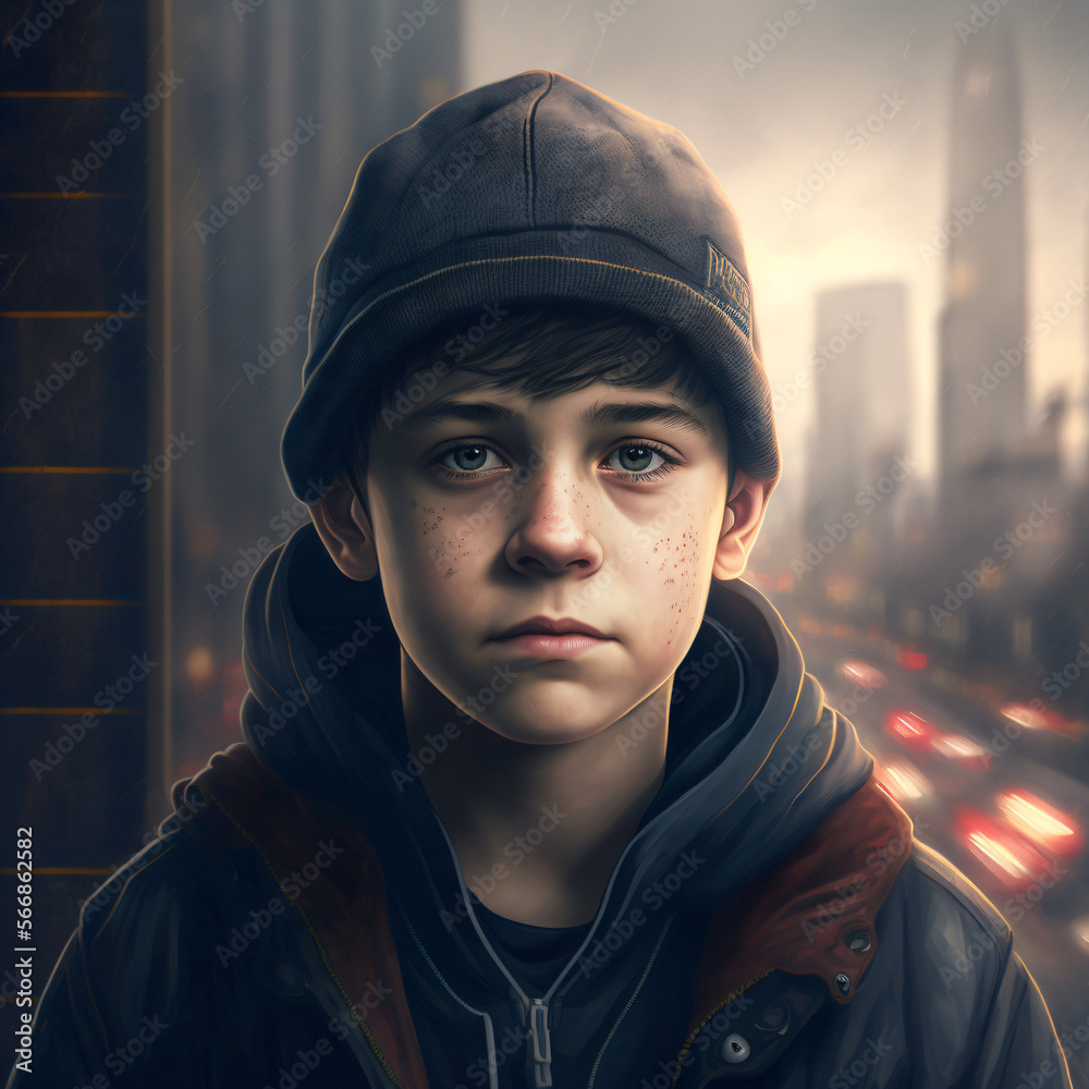 portrait illustration of a kid wearing black beanie isolated on a urban background Generative Ai