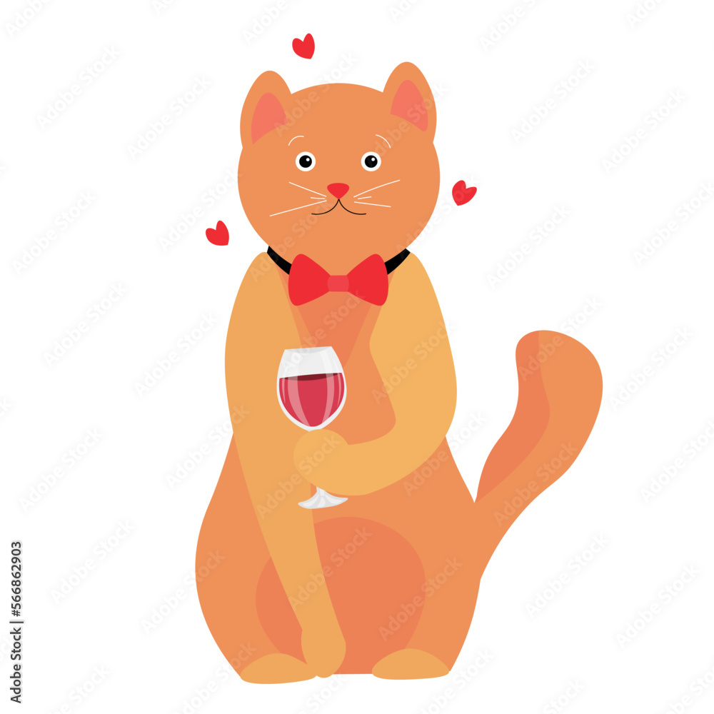 Cute cat with red wine on white background. Valentine's Day celebration Cute cat with red wine on white background. Valentine's Day celebration