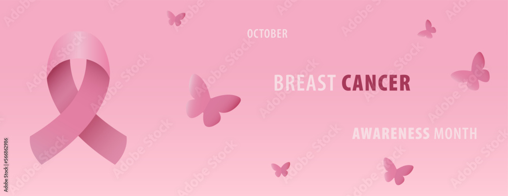 Banner with pink awareness ribbon, butterflies and text OCTOBER BREAST CANCER AWARENESS MONTH on pink background
