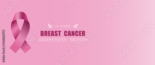 Banner with pink awareness ribbon and text OCTOBER BREAST CANCER AWARENESS MONTH on pink background