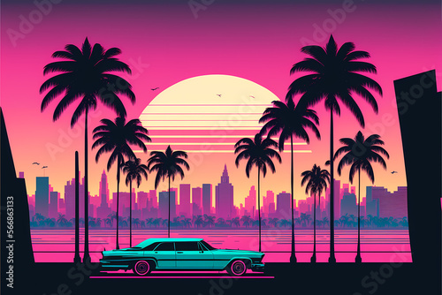 sunset on the beach vice city style 80s  created with Generative AI technology © Guilherme