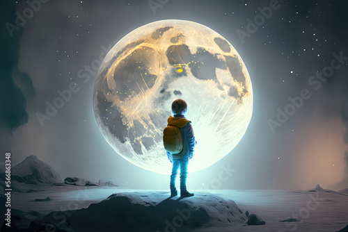 digital illustration painting of night scene showing a boy with a big moon on floor, digital art style. (ai generated)