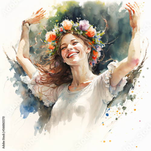 Obraz na płótnie watercolor of a smiling woman wearing a floral crown and white dress isolated on a white background Generative Ai w salonie