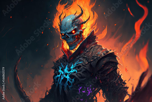 illustration painting of horror character of demon skeleton with fire flames in hellfire, digital art style. (ai generated)