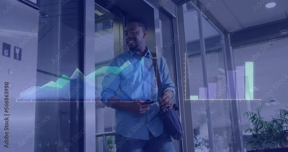Animation of financial data processing over biracial businessman Animation of financial data processing over biracial businessman