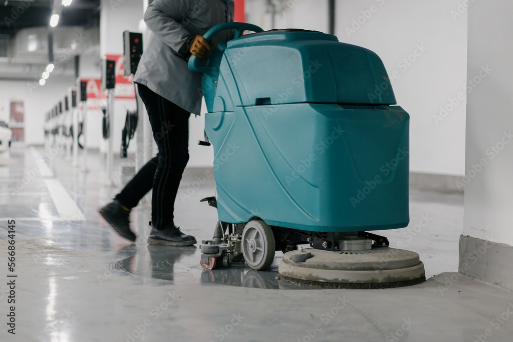 cleaning floor with machine
