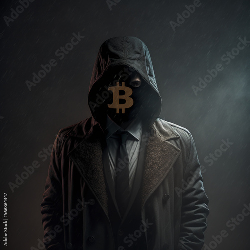 a mysterious man with a bitcoin mask, with a dark background, an overcoat, 8d 