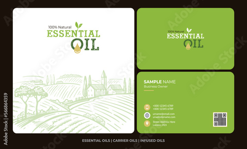 Essential oil logo design with business card design premium vector oil drop logo beauty product logo organic oil Herbs brand identity skin care logo design Essential oils brand identity illustration