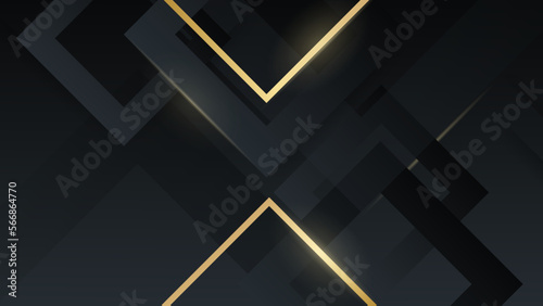 Vector illustration banner template design. Gold rectangle decoration wallpaper vector on black abstract background.