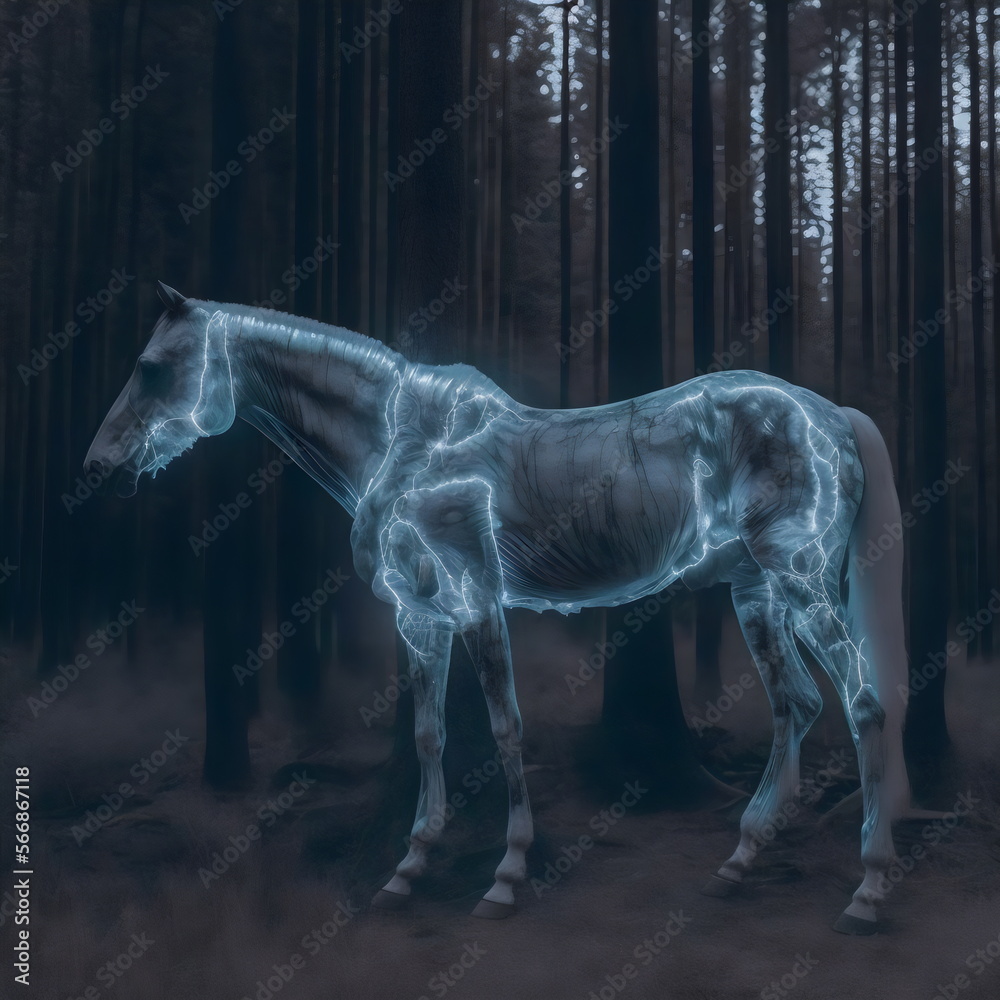 ghostly ethereal horse in woods, generative ai