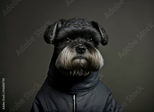 schnauzer dog wearing puffer jacket in studio shot, generative ai