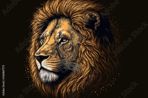 Close up of a majestic lion with a thick mane of hair and stern golden eyes. Generative AI