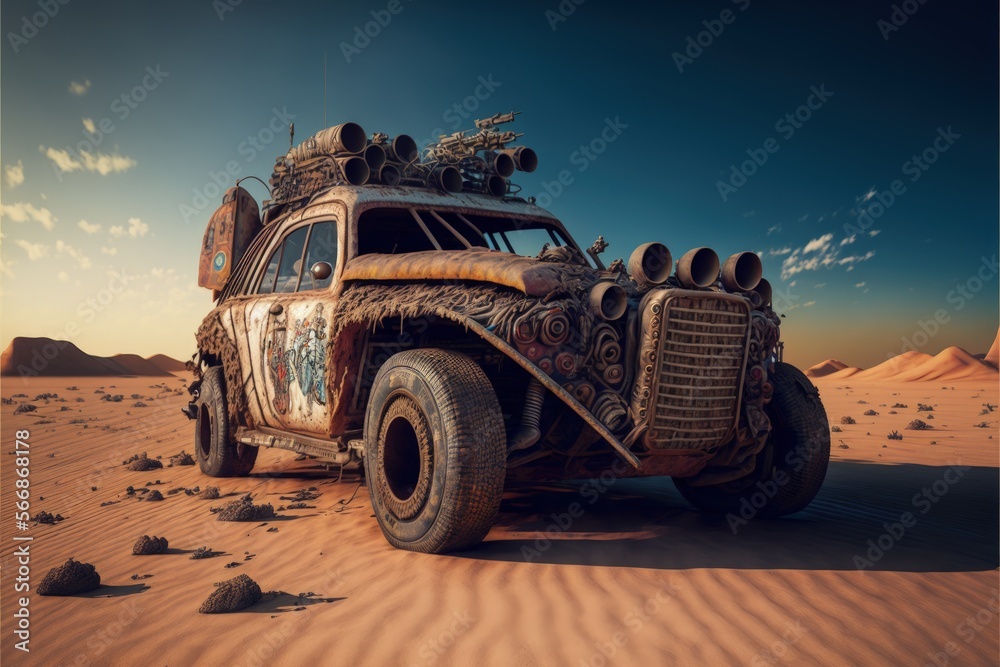 Landscape with deteriorated and rusty custom car in the desert, mad max ...