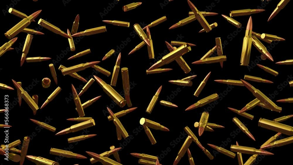 Falling rifle bullets in slow motion on alpha channel background in a seamless loop. Falling rifle bullets in slow motion on alpha channel background in a seamless loop.