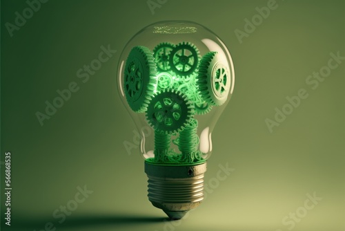 Light bulb with gears, ideas concept, green background. Generative AI