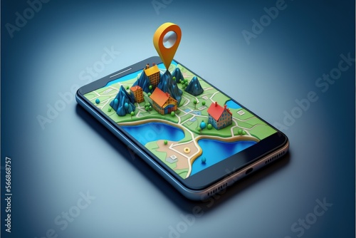 Wallpaper Mural Cell phone with map and location icon on screen, blue background. Generative AI Torontodigital.ca