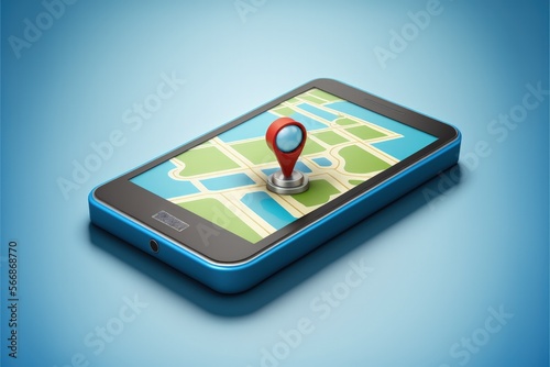 Wallpaper Mural Cell phone with map and location icon on screen, blue background. Generative AI Torontodigital.ca