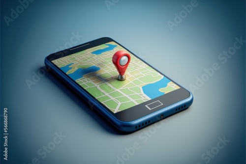 Cell phone with map and location icon on screen, blue background. Generative AI