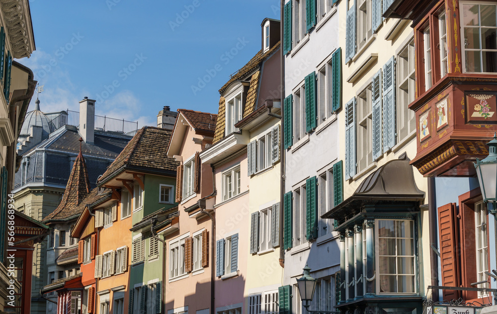 A row of multicolored houses along Augustinergasse in Zurich