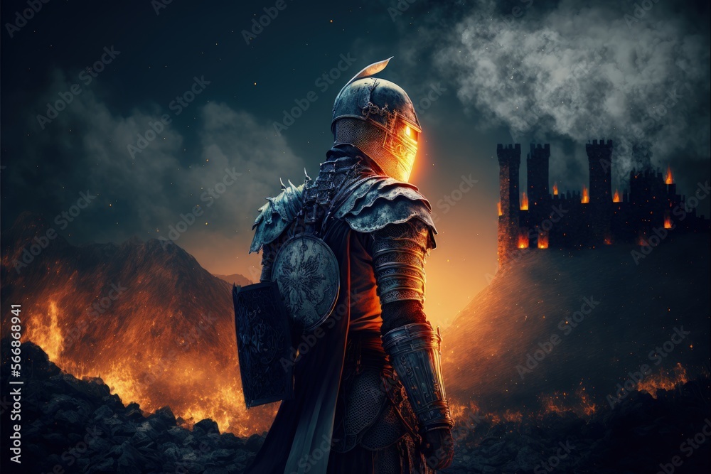 Fototapeta premium Medieval knight in armor, guarding the castle, burning castle in the background. Generative AI