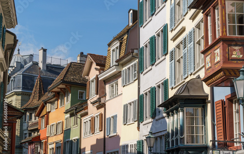 A row of multicolored houses along Augustinergasse in Zurich