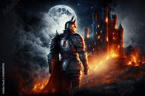 Medieval knight in armor, guarding the castle, burning castle in the background. Generative AI © Deivison