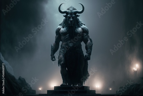 Minotaur statue, Greek city in the background with fog, Greek mythology. Generative AI photo