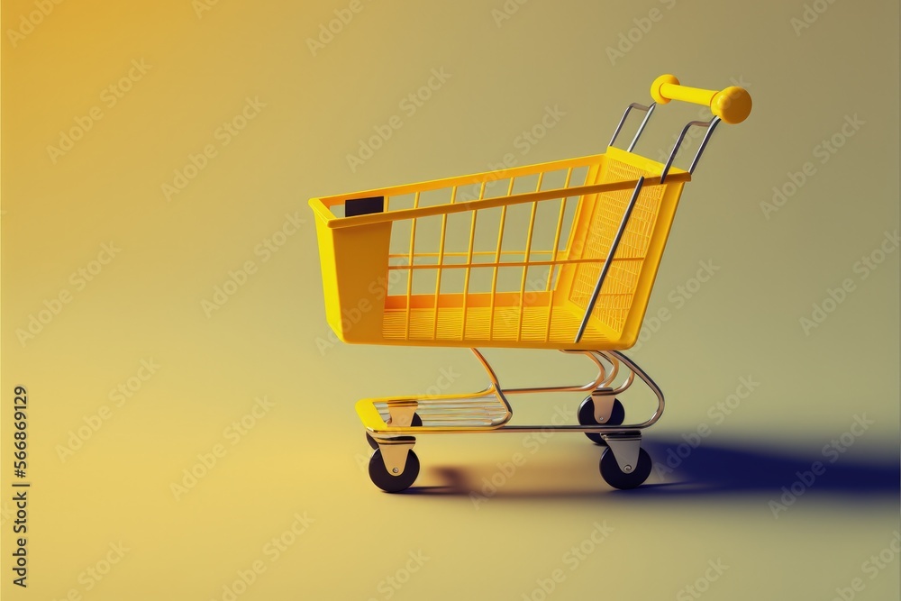Yellow shopping cart, yellow background. Generative AI Yellow shopping cart, yellow background. Generative AI