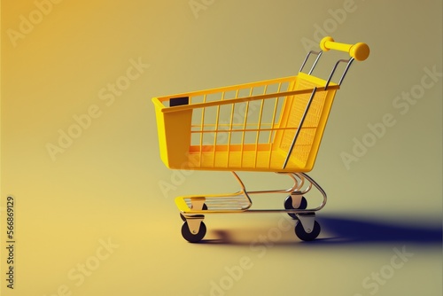 Yellow shopping cart, yellow background. Generative AI