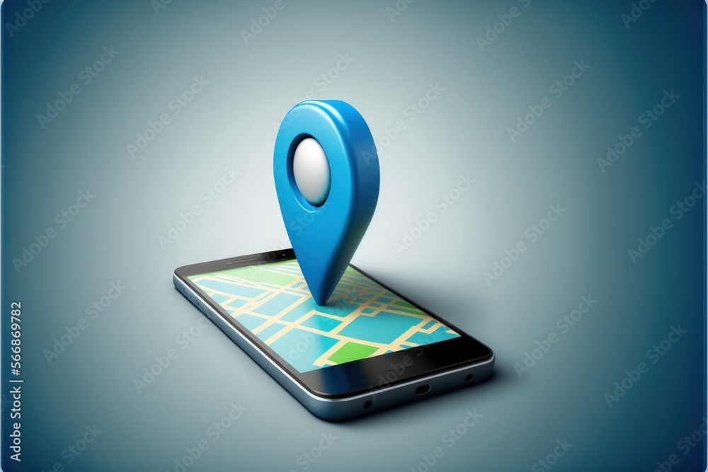 Cell phone with map and location icon on screen, blue background. Generative AI Cell phone with map and location icon on screen, blue background. Generative AI